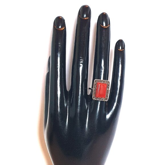 Rare Vintage Carnelian Marcasite 925 Sterling Art Deco Revival Statement Ring - Picture 3 of 12